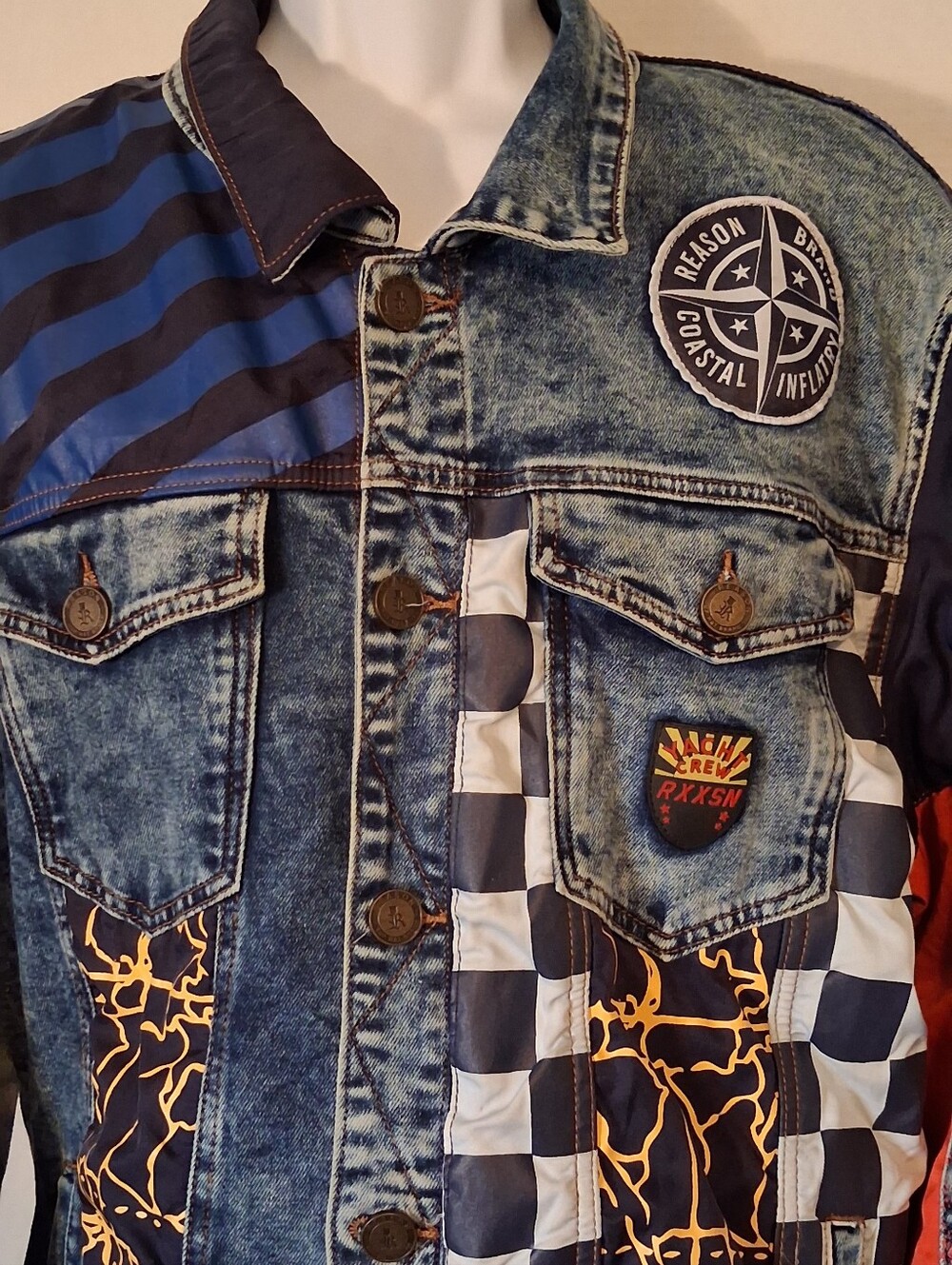 Men's Multicolor Patchwork REASON Denim Jacket - Casual Explorer  XL COASTAL - Picture 5 of 9